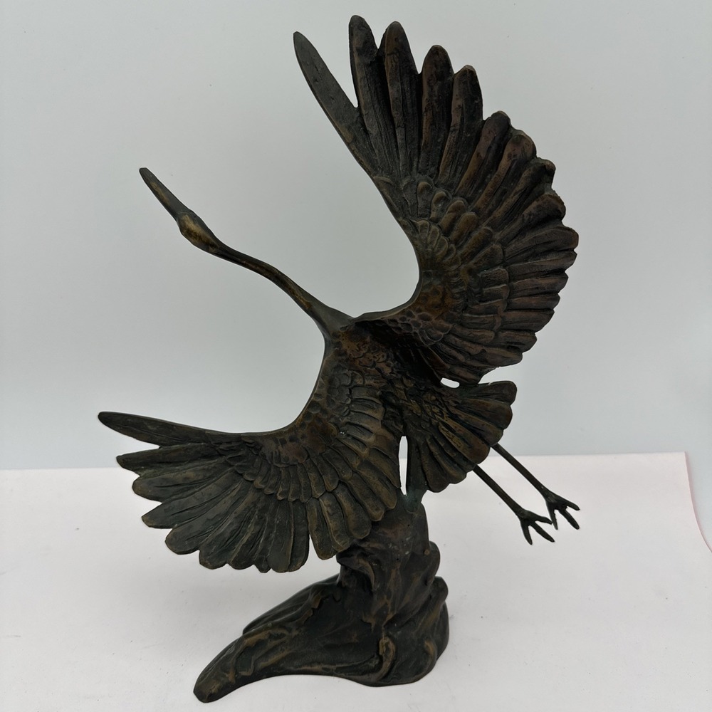 Vintage Bronze Crane Sculpture Flying Heron Figurine Wave Base Mid Century Asian